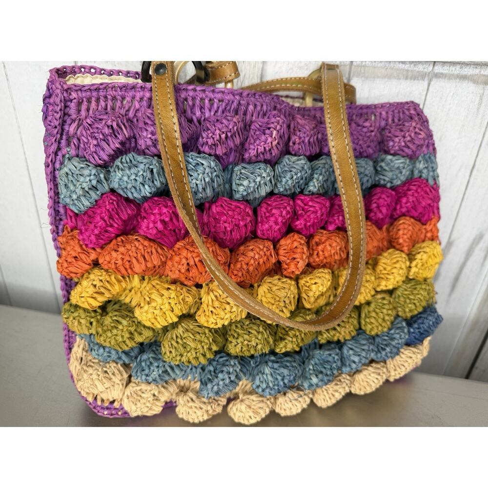 Mad Imports Rainbow Woven Style Tote Bag Leather Handles Boho Hippie Colorful
